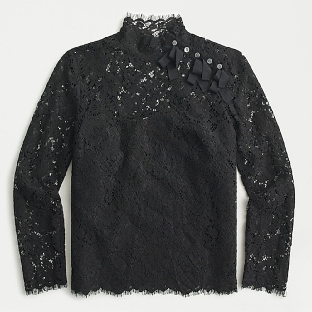 J.Crew Black Mockneck Top in Floral Lace with Bow Accents, Size 2